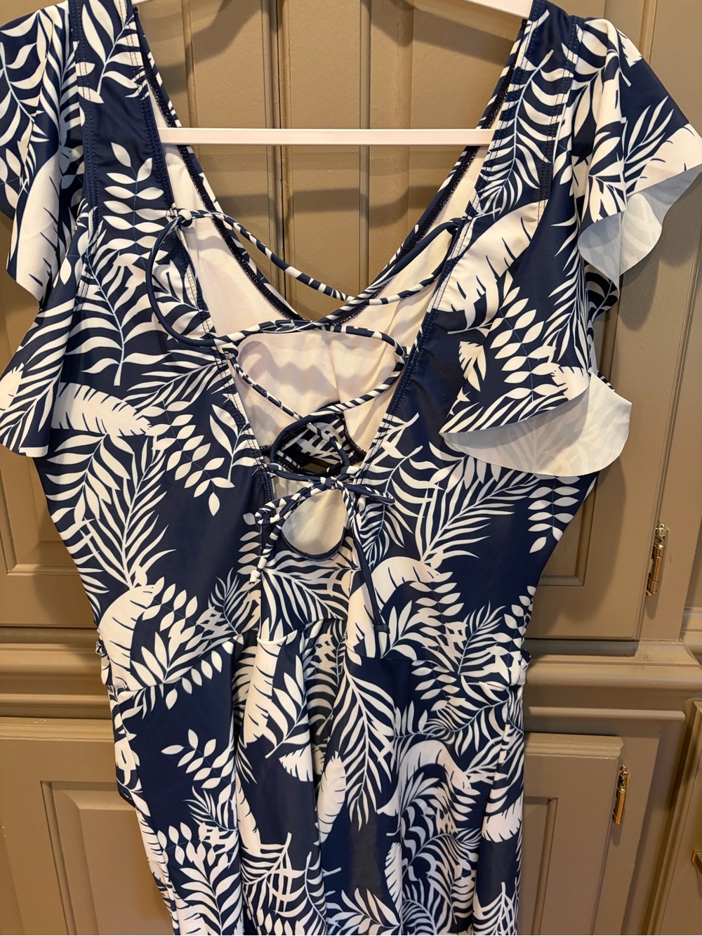 Navy & White Tropical Leaf One-Piece Swim Dress - Picture 3 of 7